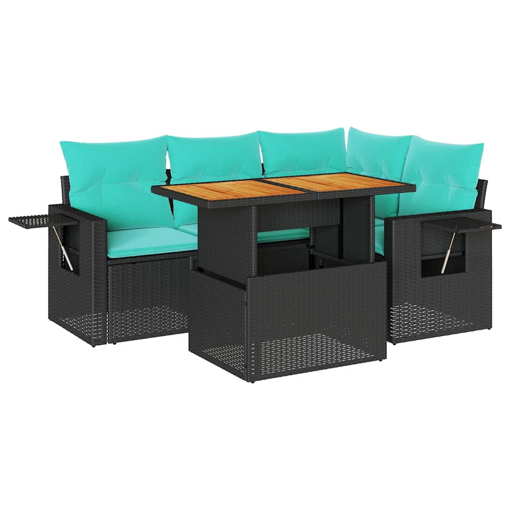 Salon de jardin 5 pcs avec coussins noir résine tressée