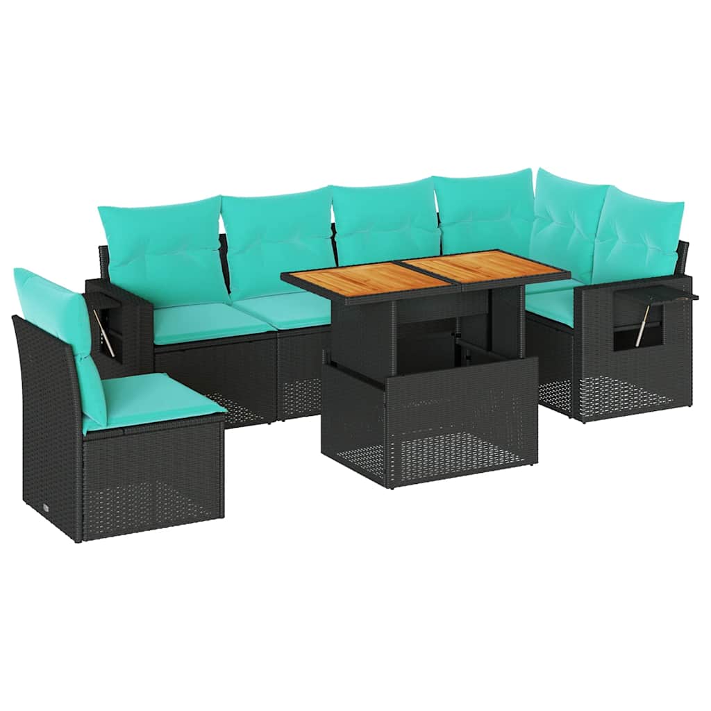 Salon de jardin 7 pcs avec coussins noir résine tressée