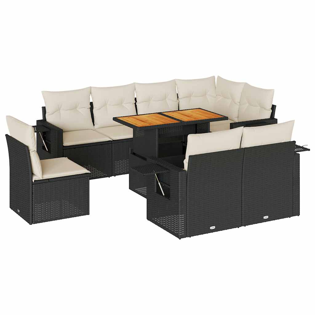 Salon de jardin 9 pcs avec coussins noir résine tressée