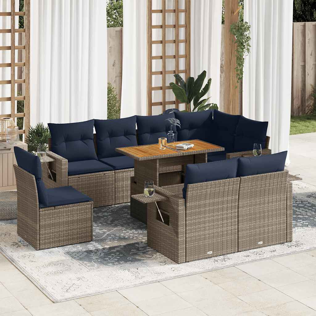Salon de jardin 9 pcs avec coussins gris résine tressée