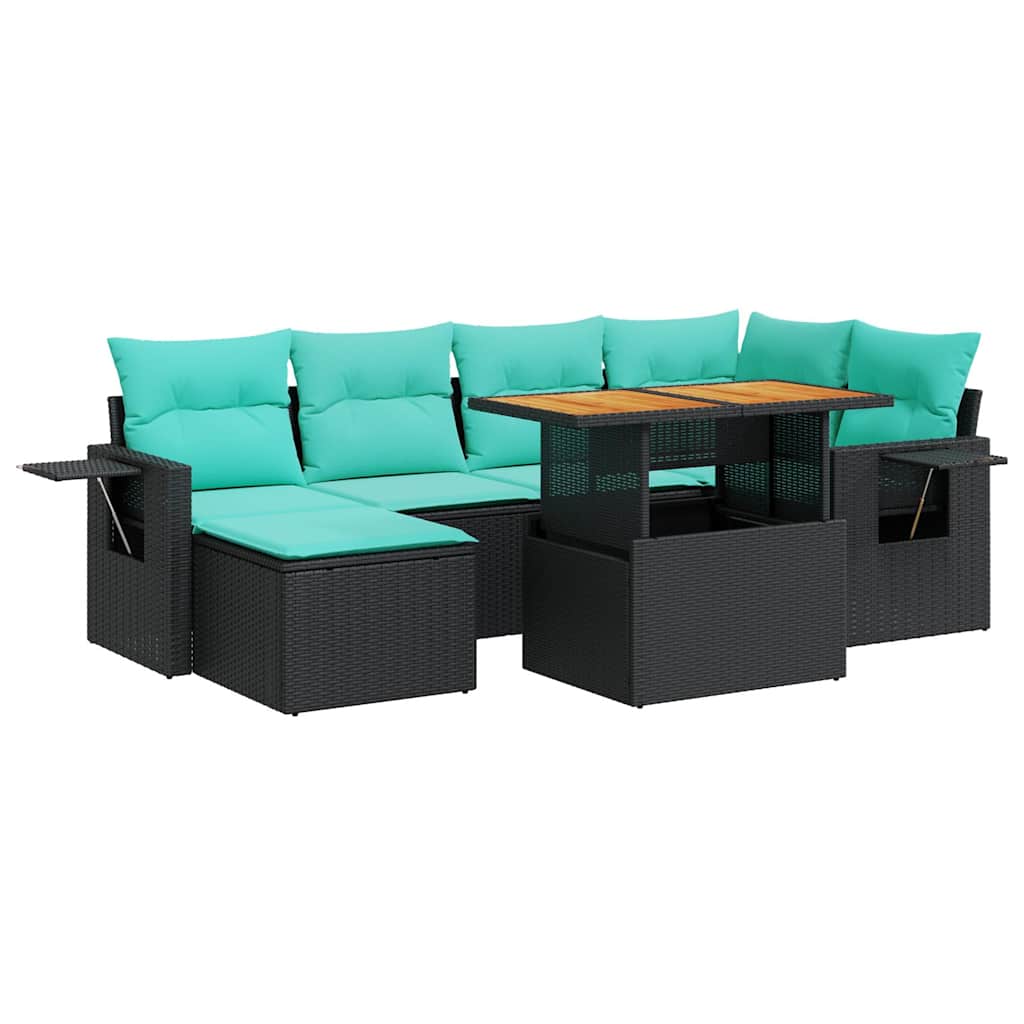 Salon de jardin 7 pcs avec coussins noir résine tressée