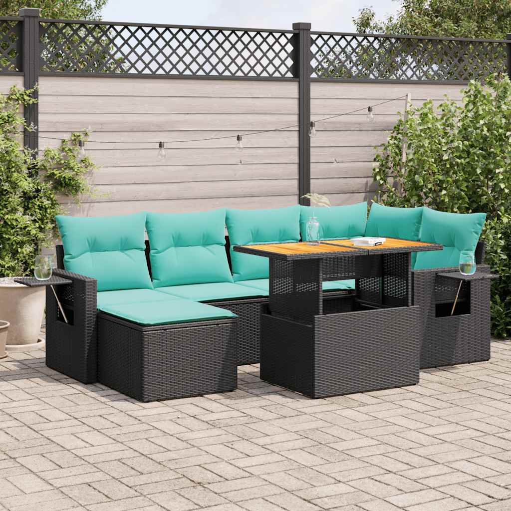Salon de jardin 7 pcs avec coussins noir résine tressée