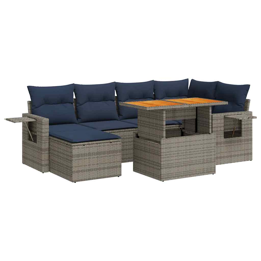 Salon de jardin avec coussins 7 pcs gris résine tressée
