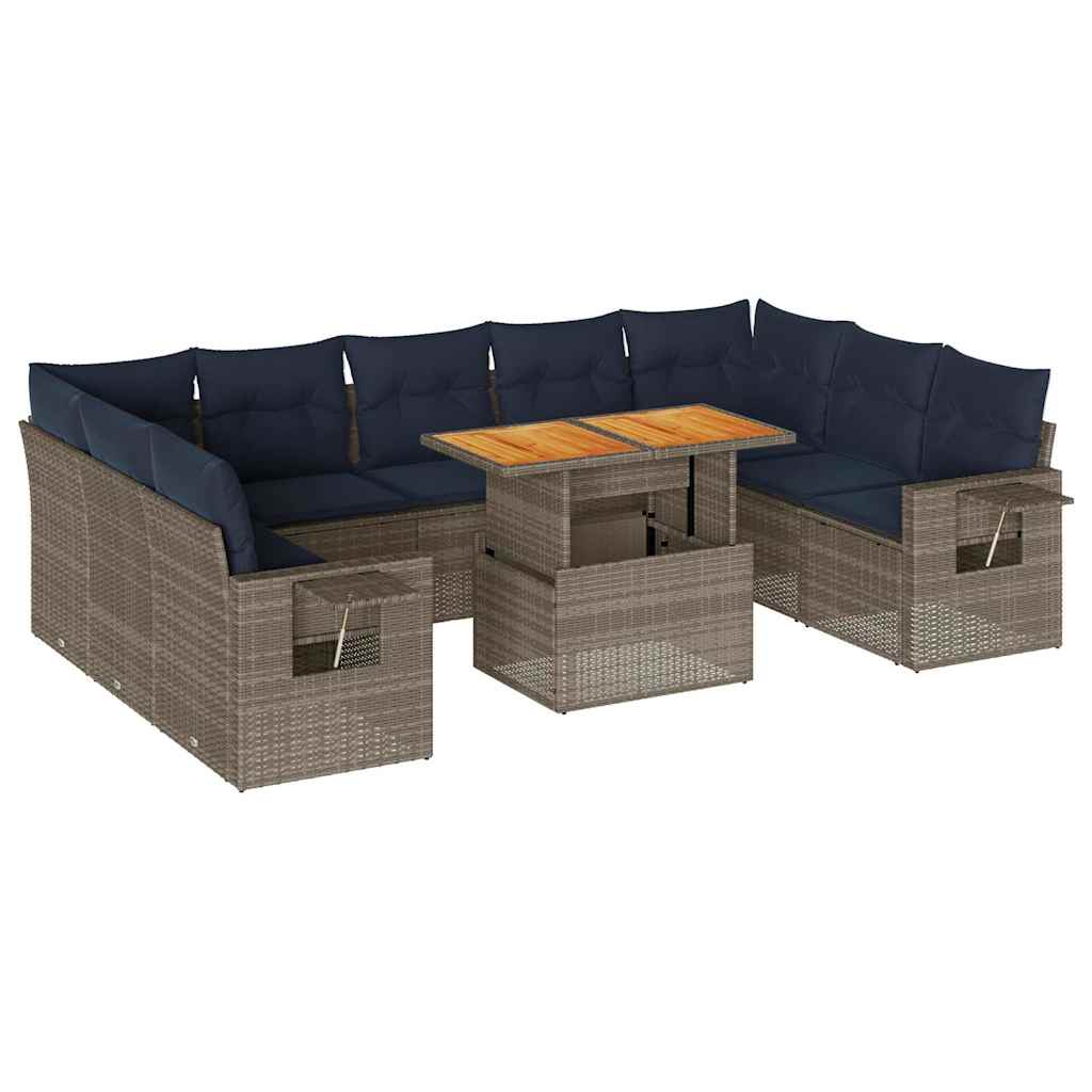 Salon de jardin avec coussins 10 pcs gris résine tressée