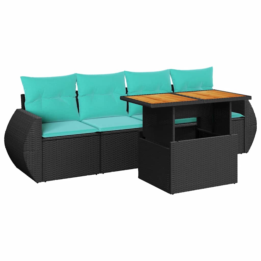 Salon de jardin 5 pcs avec coussins noir résine tressée