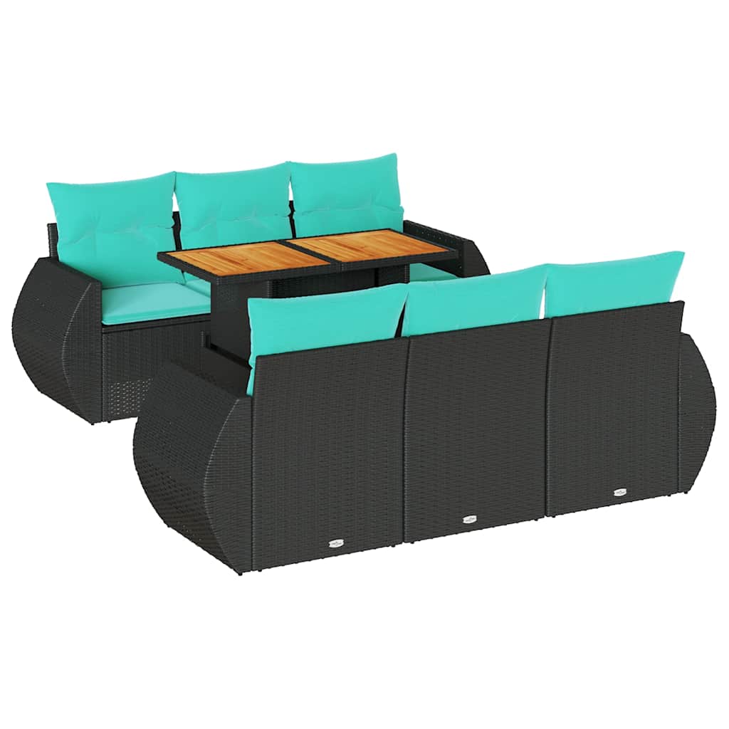 Salon de jardin 7 pcs avec coussins noir résine tressée