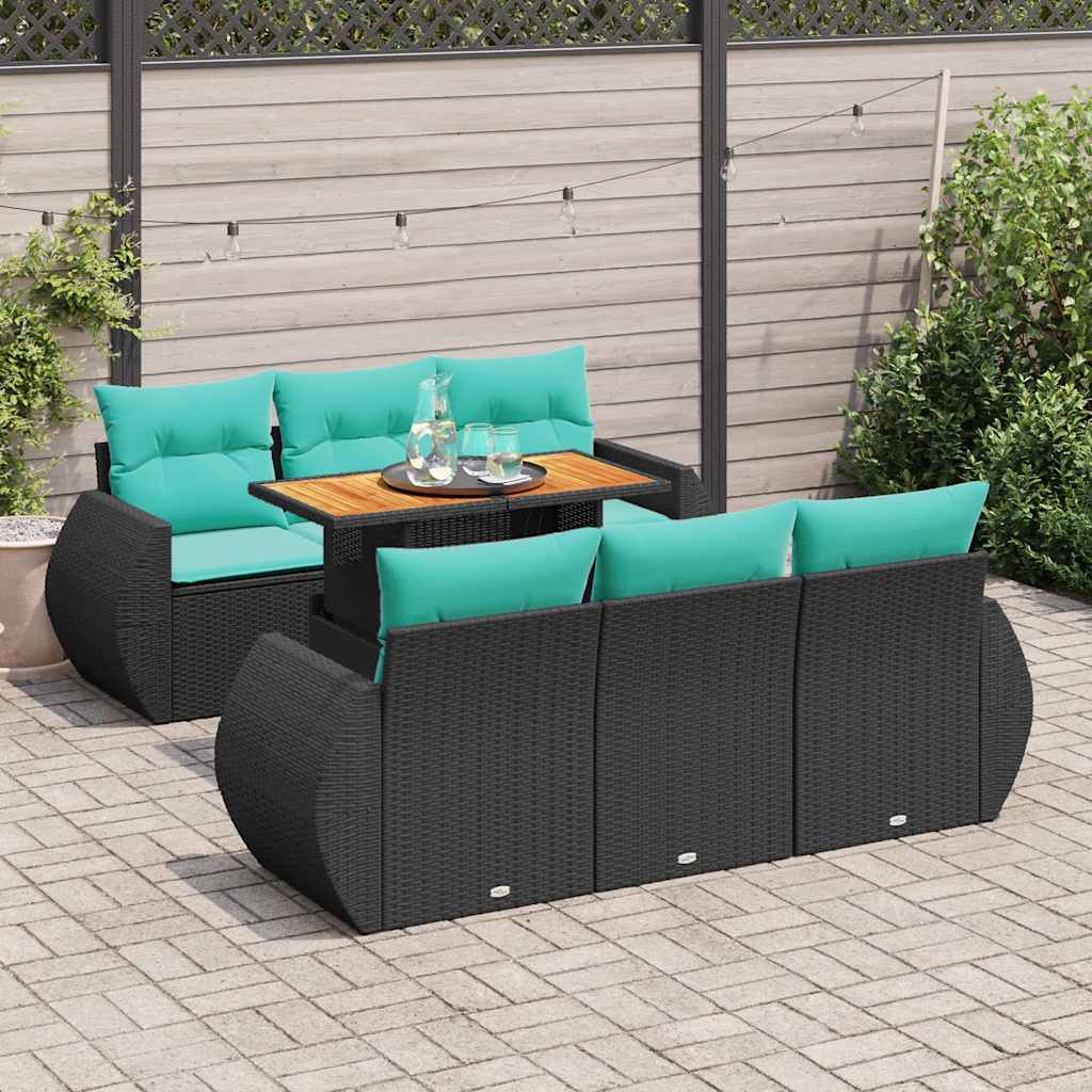 Salon de jardin 7 pcs avec coussins noir résine tressée
