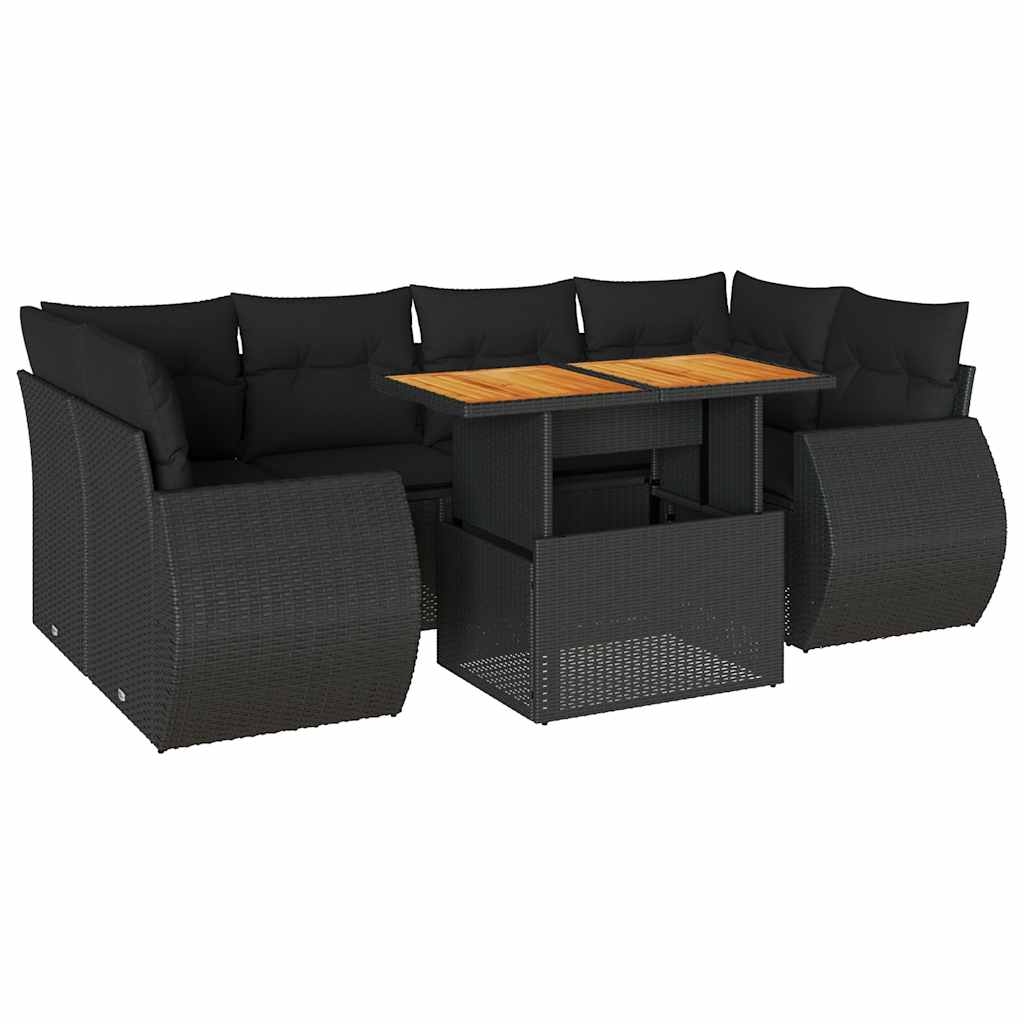 Salon de jardin 7 pcs avec coussins noir résine tressée