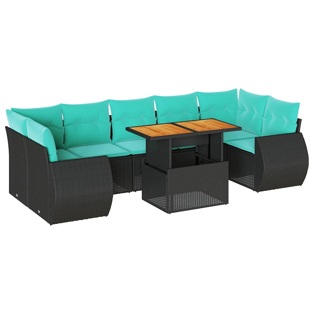 Salon de jardin 8 pcs avec coussins noir résine tressée