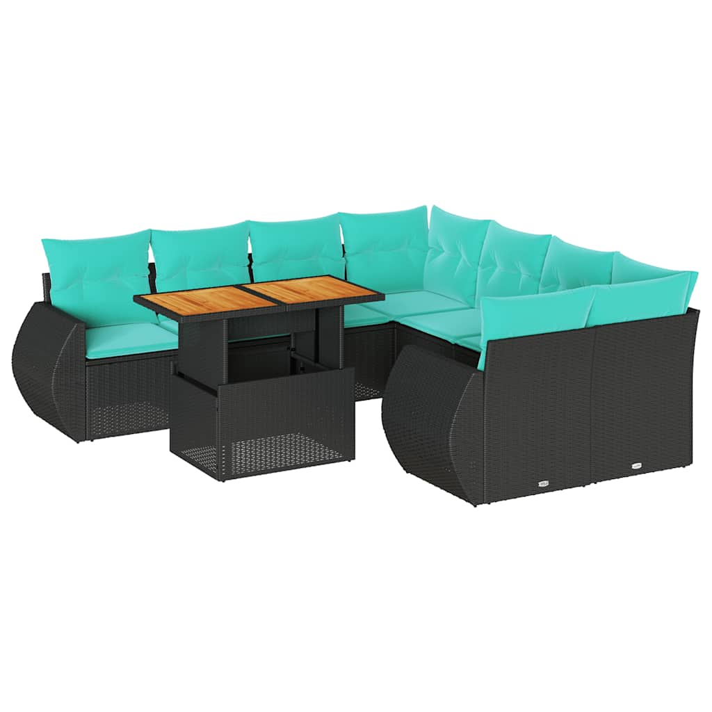Salon de jardin 9 pcs avec coussins noir résine tressée