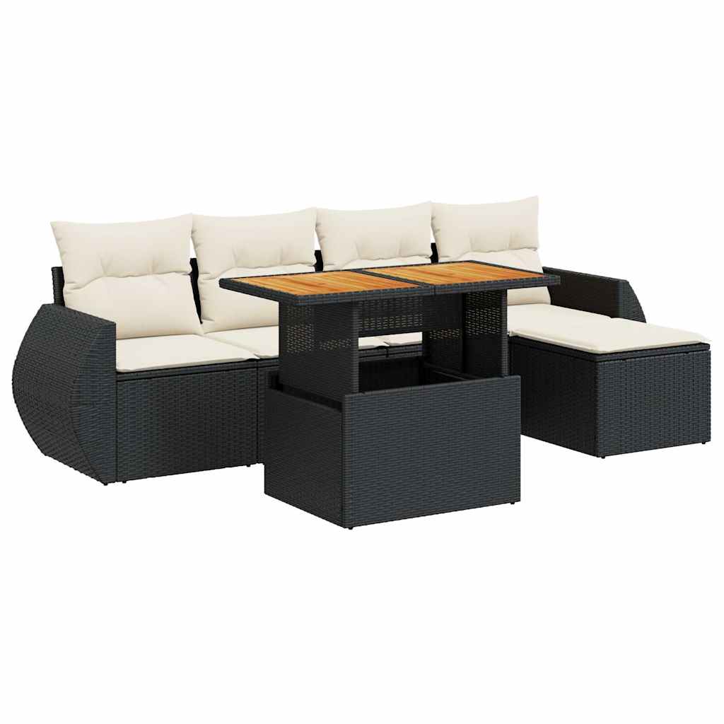 Salon de jardin 6 pcs avec coussins noir résine tressée