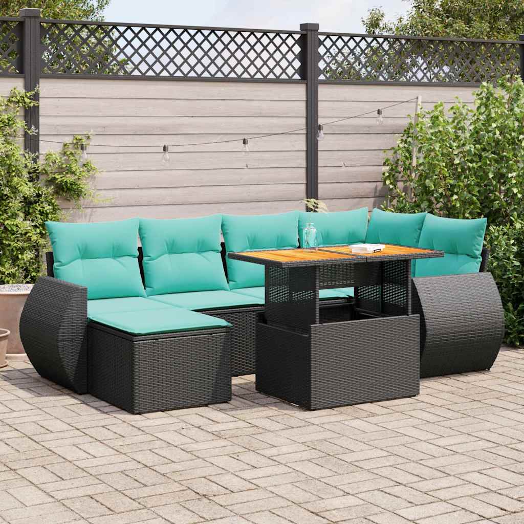 Salon de jardin 7 pcs avec coussins noir résine tressée