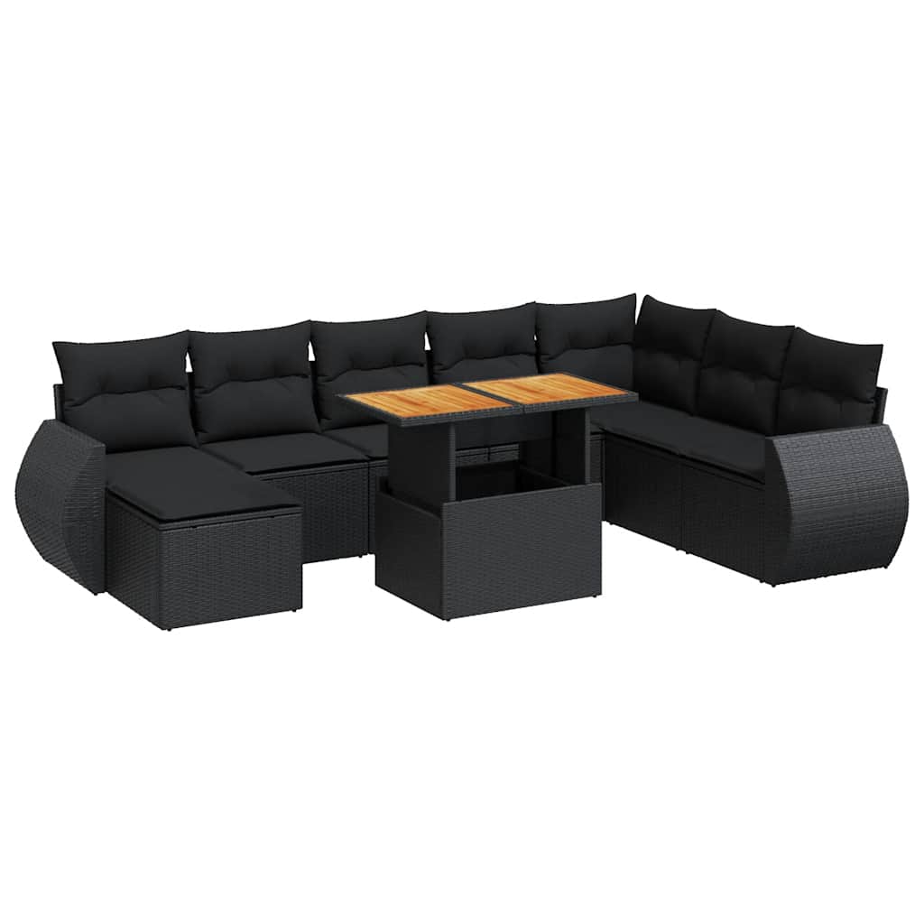 Salon de jardin 9 pcs avec coussins noir résine tressée