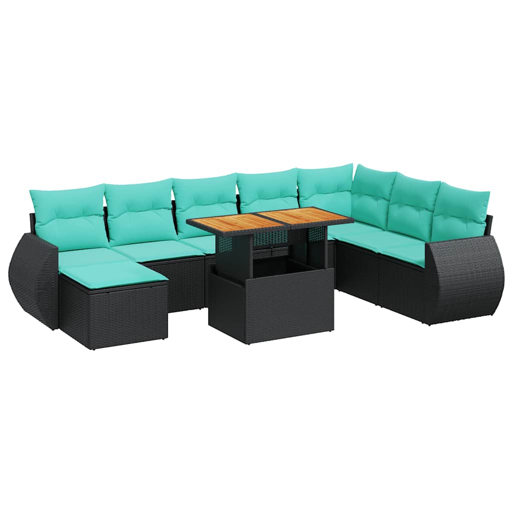 Salon de jardin 9 pcs avec coussins noir résine tressée