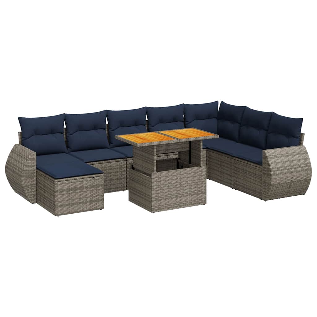 Salon de jardin 9 pcs avec coussins gris résine tressée