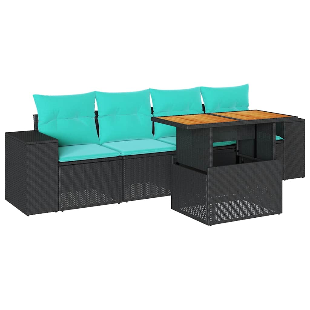 Salon de jardin 5 pcs avec coussins noir résine tressée