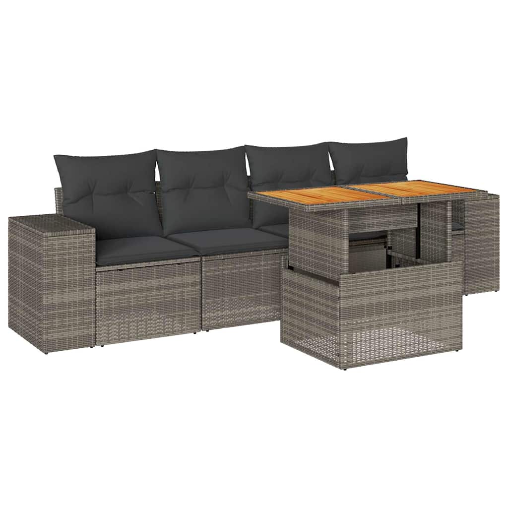 Salon de jardin 5 pcs avec coussins gris résine tressée