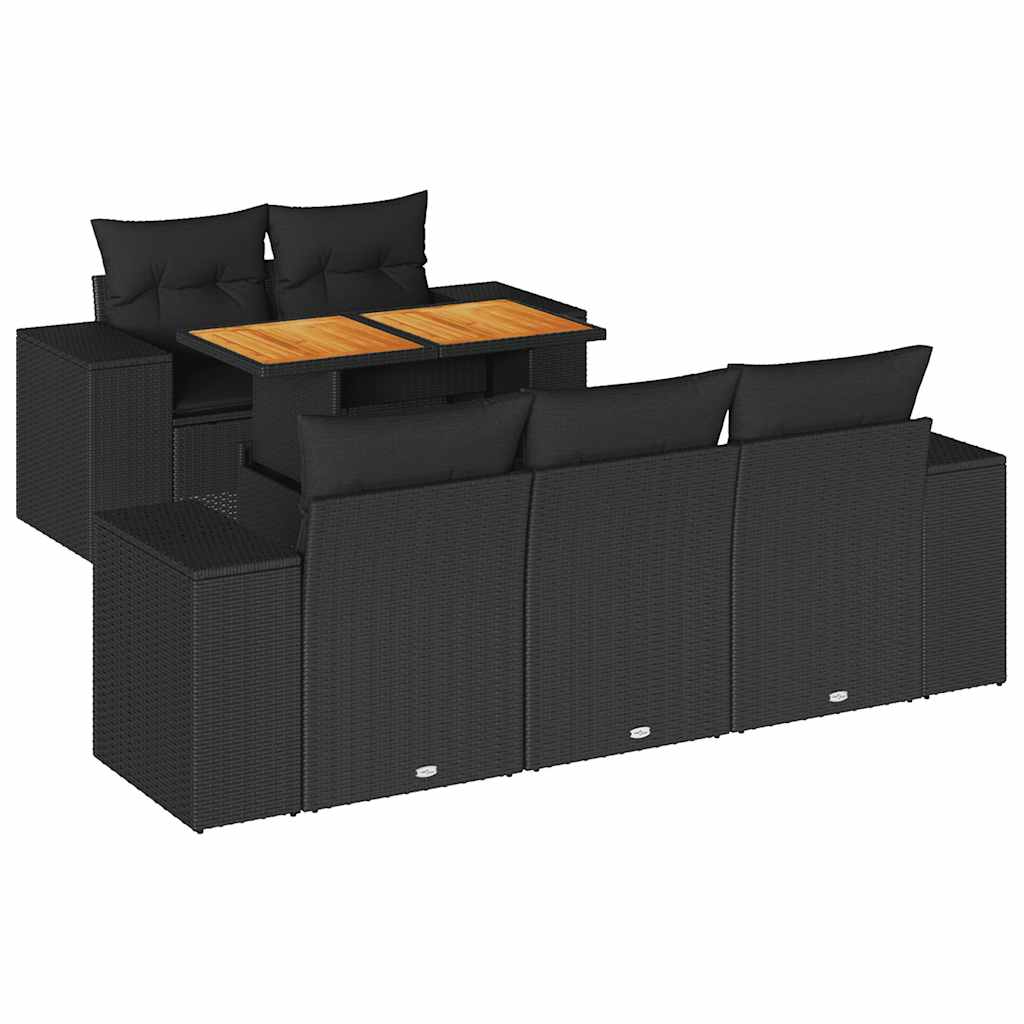 Salon de jardin 6 pcs avec coussins noir résine tressée