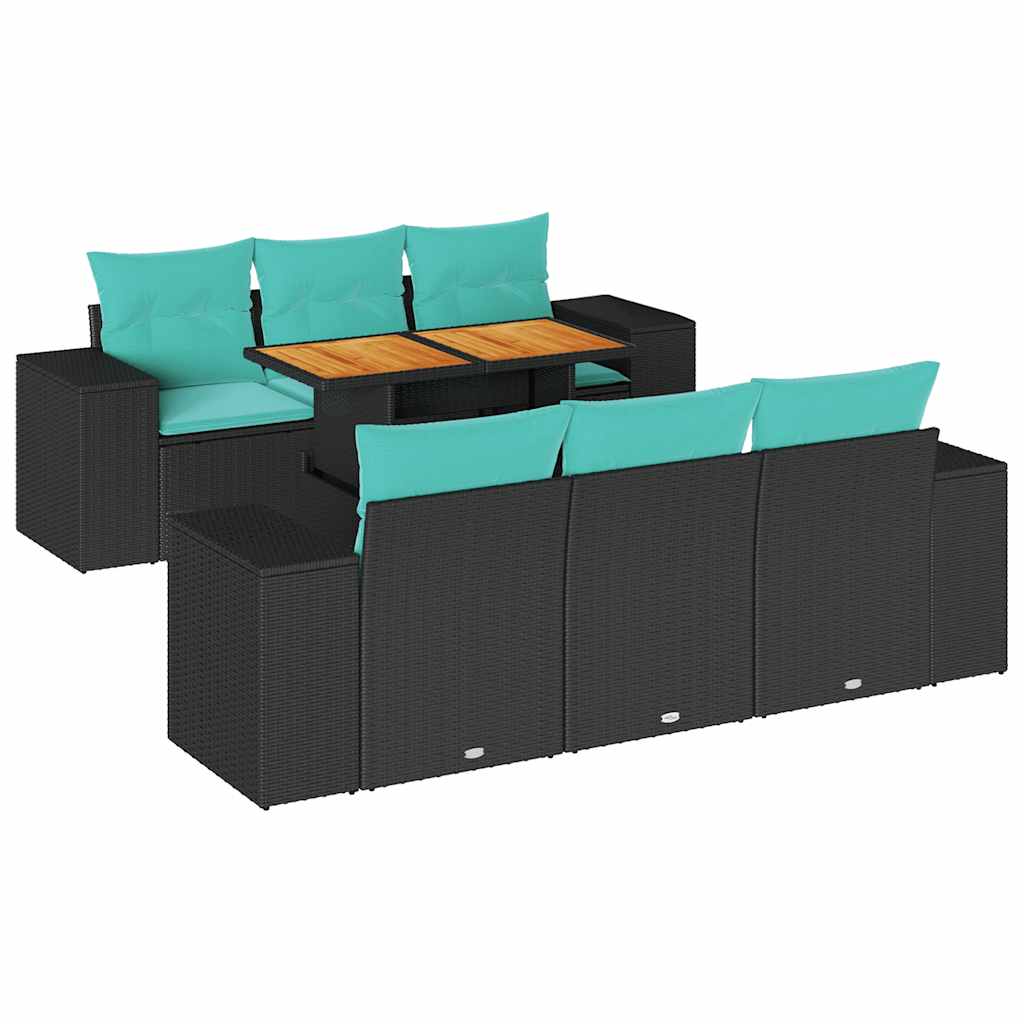 Salon de jardin 7 pcs avec coussins noir résine tressée