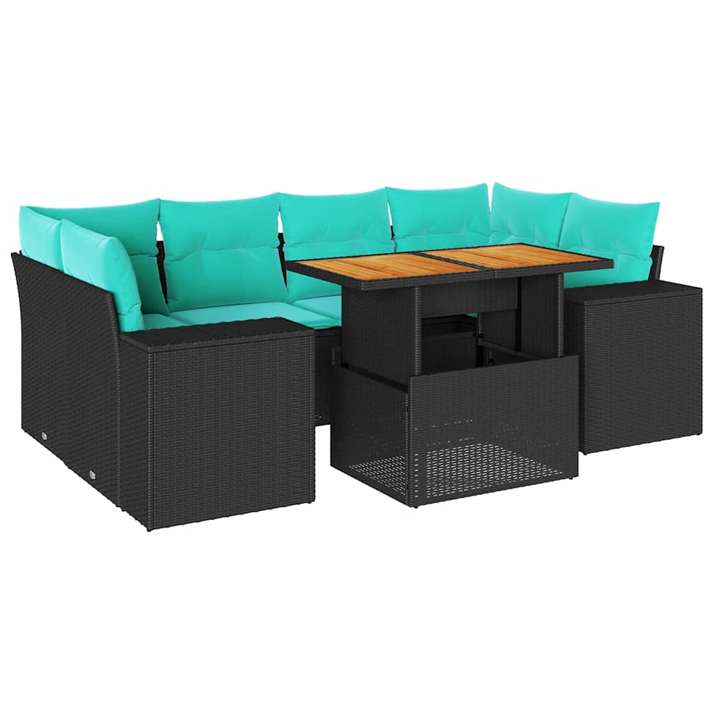 Salon de jardin 7 pcs avec coussins noir résine tressée