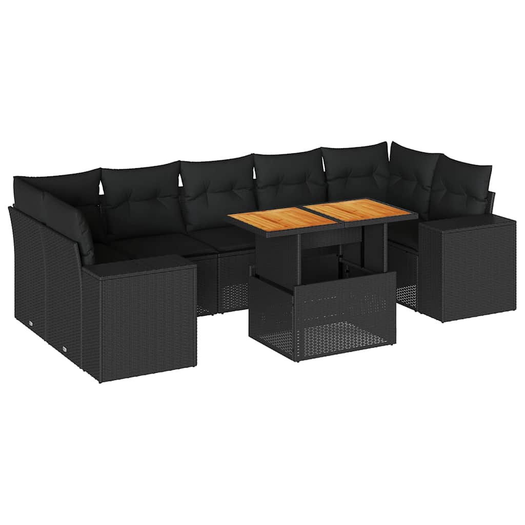 Salon de jardin 8 pcs avec coussins noir résine tressée