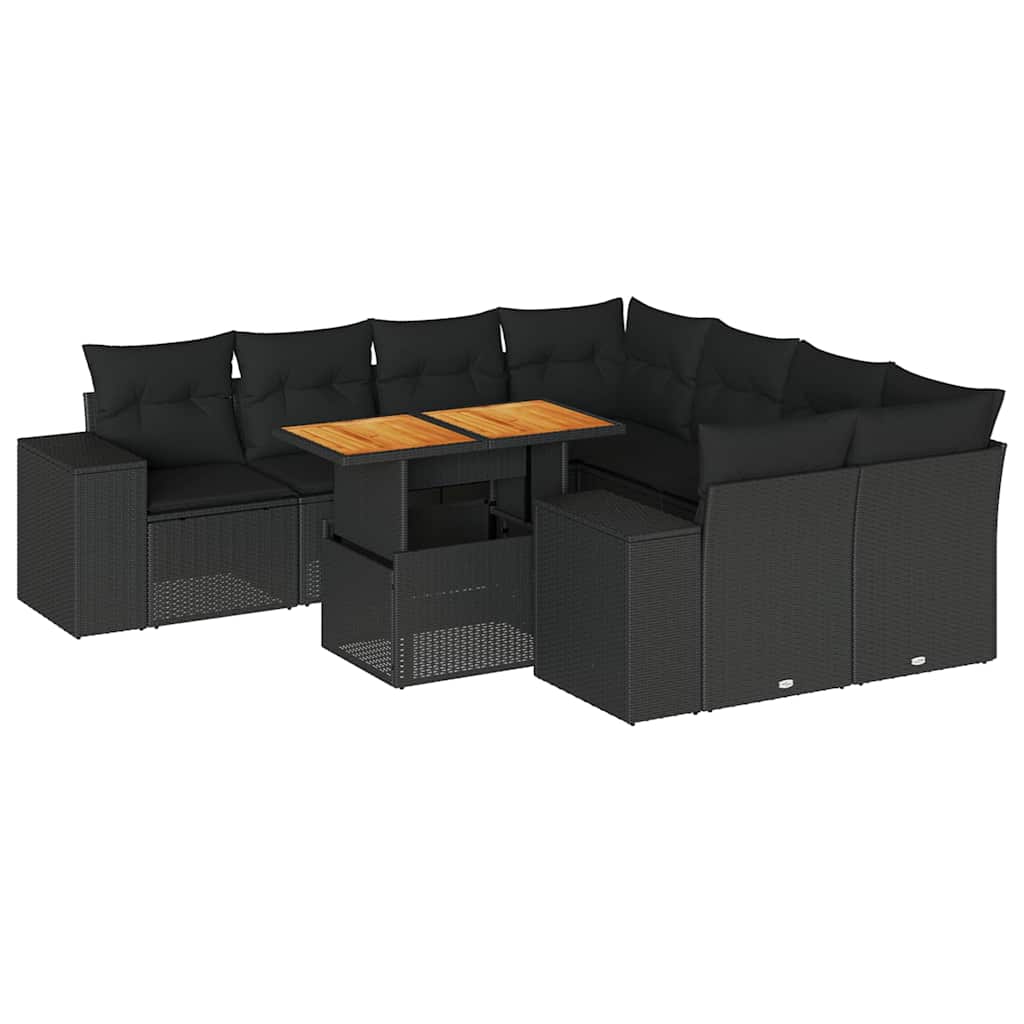 Salon de jardin 9 pcs avec coussins noir résine tressée