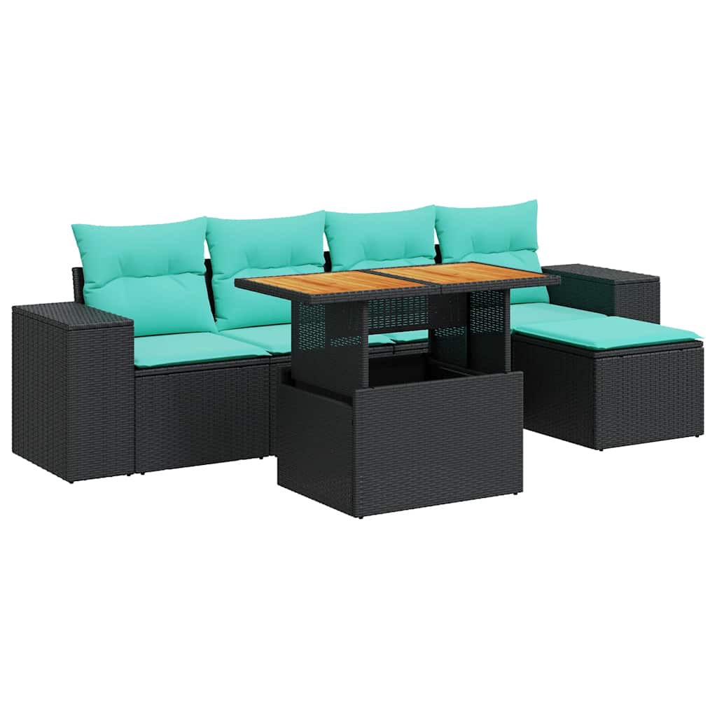 Salon de jardin 6 pcs avec coussins noir résine tressée