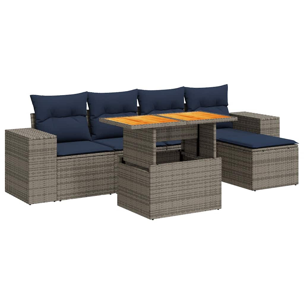Salon de jardin 6 pcs avec coussins gris résine tressée