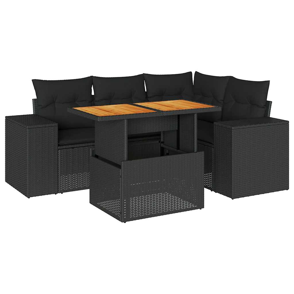 Salon de jardin 5 pcs avec coussins noir résine tressée