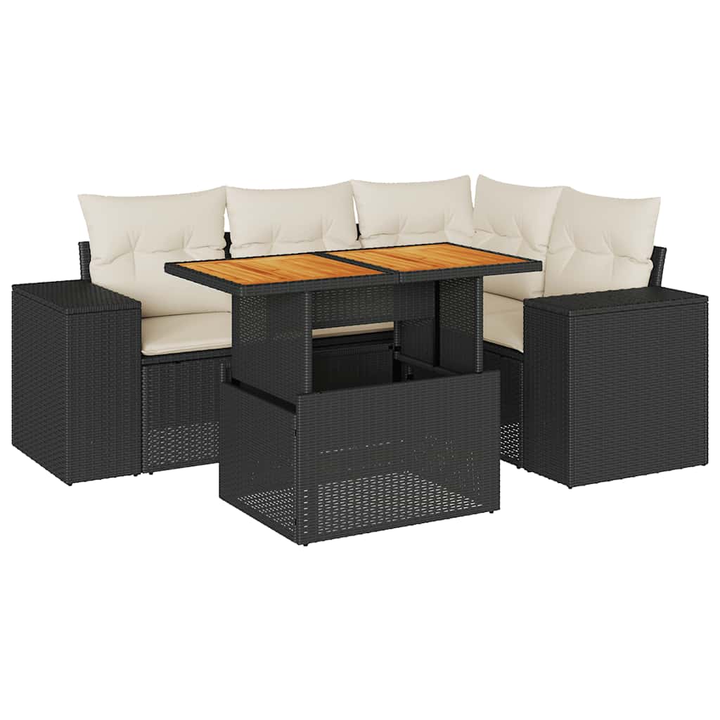 Salon de jardin 5 pcs avec coussins noir résine tressée