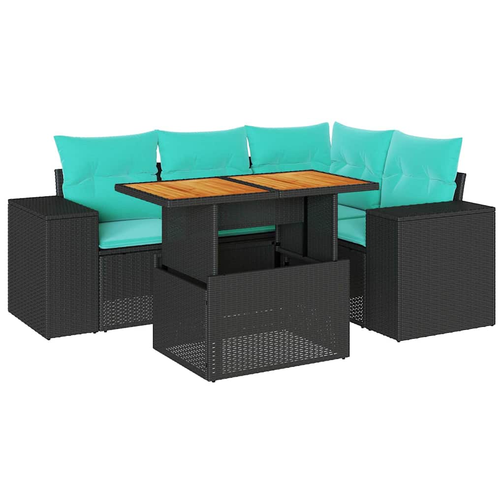 Salon de jardin 5 pcs avec coussins noir résine tressée