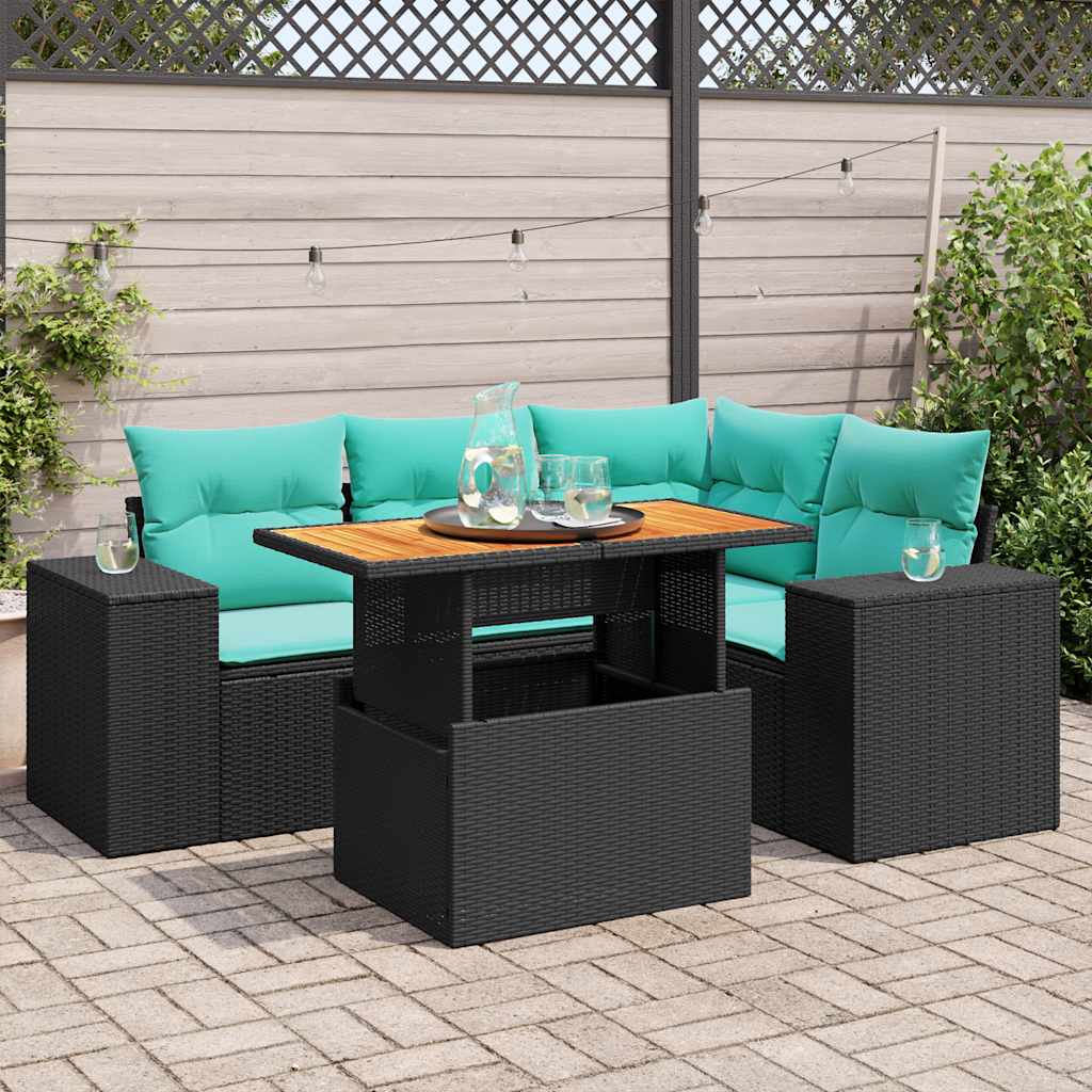 Salon de jardin 5 pcs avec coussins noir résine tressée