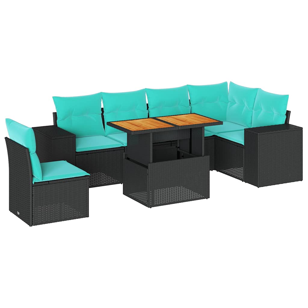 Salon de jardin 7 pcs avec coussins noir résine tressée