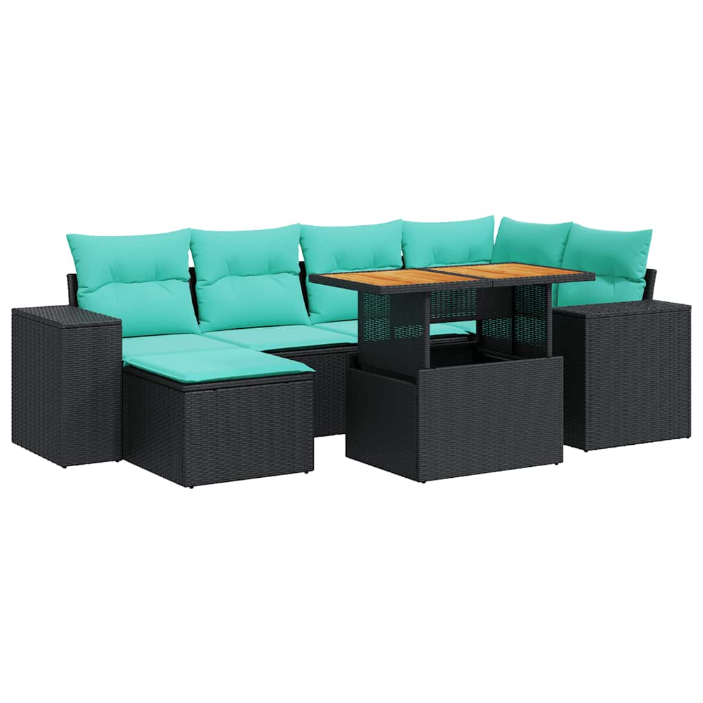 Salon de jardin 7 pcs avec coussins noir résine tressée