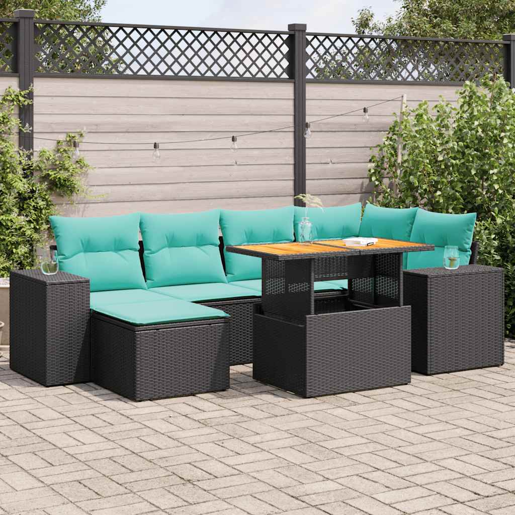Salon de jardin 7 pcs avec coussins noir résine tressée