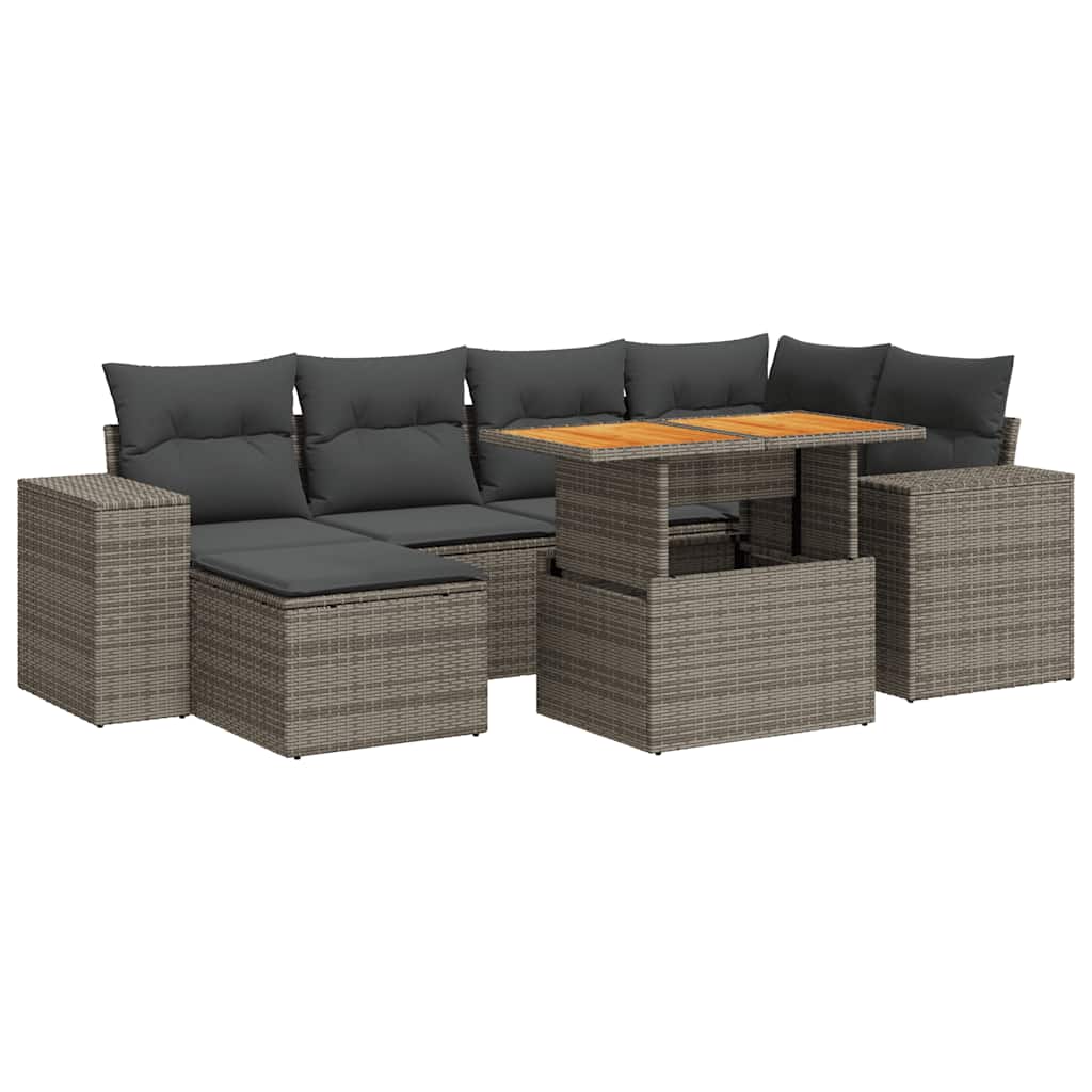 Salon de jardin avec coussins 7 pcs gris résine tressée