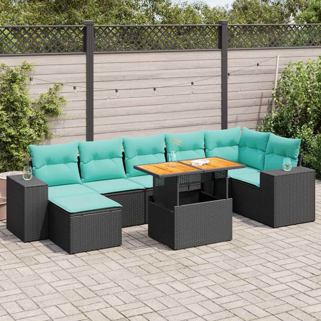 Salon de jardin 8 pcs avec coussins noir résine tressée