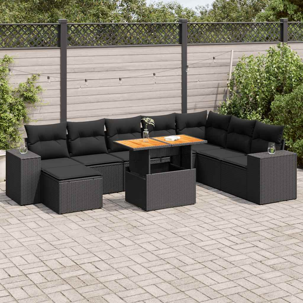 Salon de jardin avec coussins 9 pcs noir résine tressée acacia