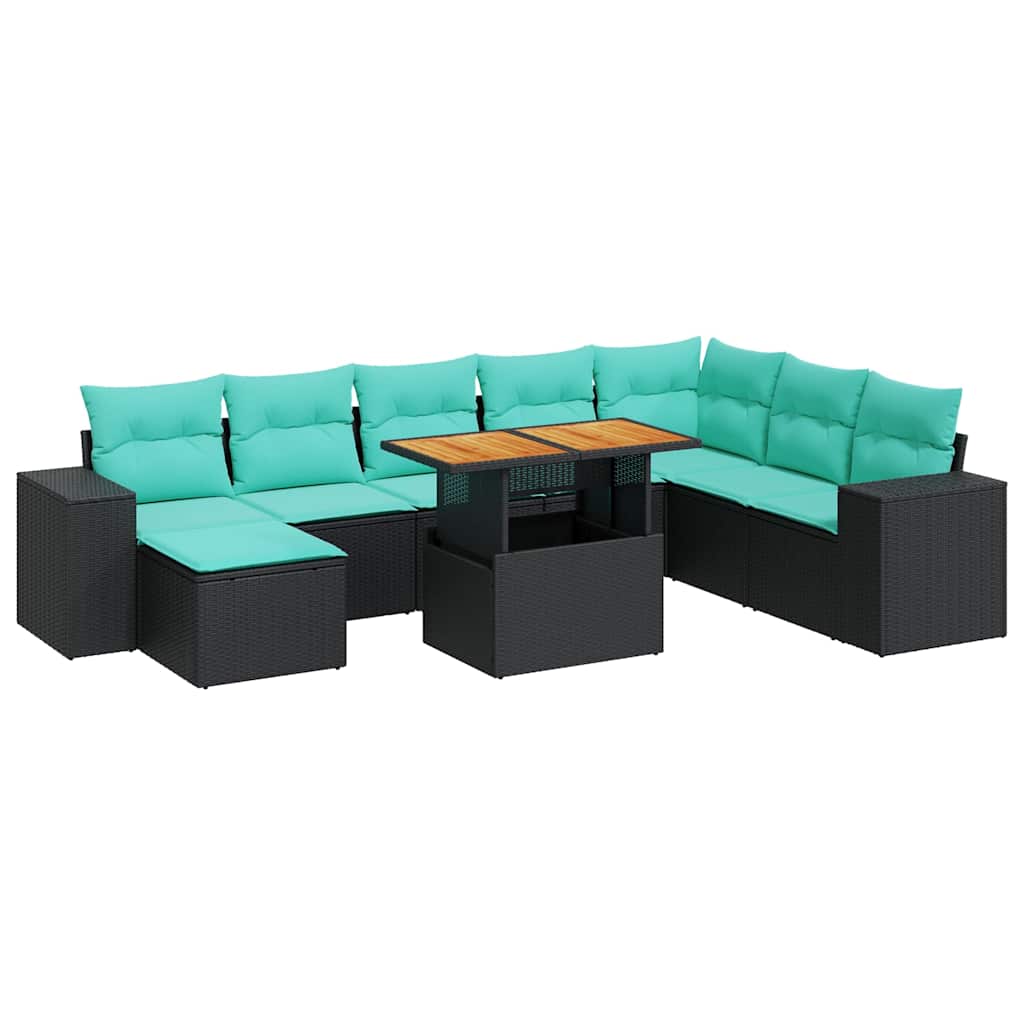 Salon de jardin 9 pcs avec coussins noir résine tressée