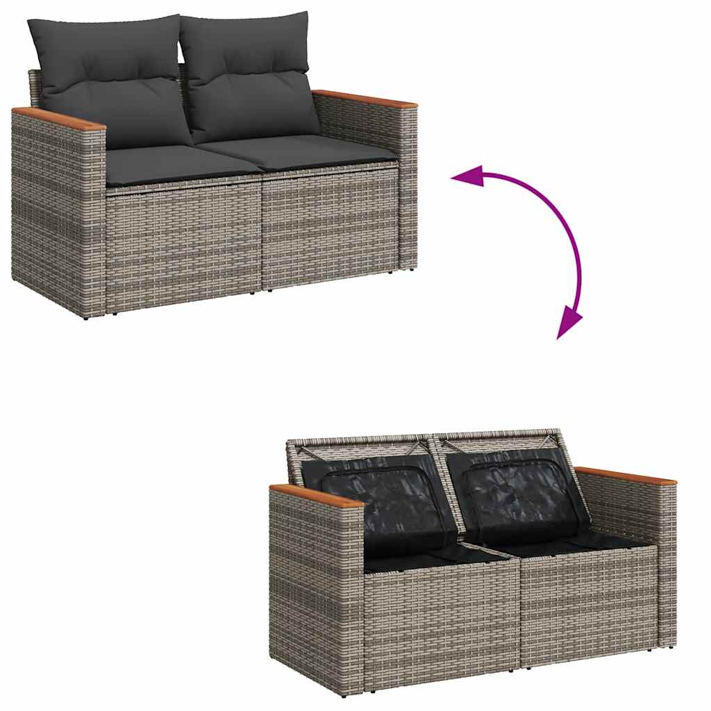 Salon de jardin 5 pcs avec coussins gris résine tressée acacia