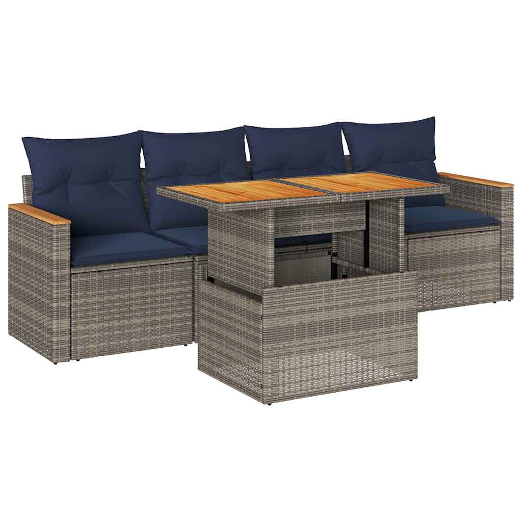 Salon de jardin 5 pcs avec coussins gris résine tressée