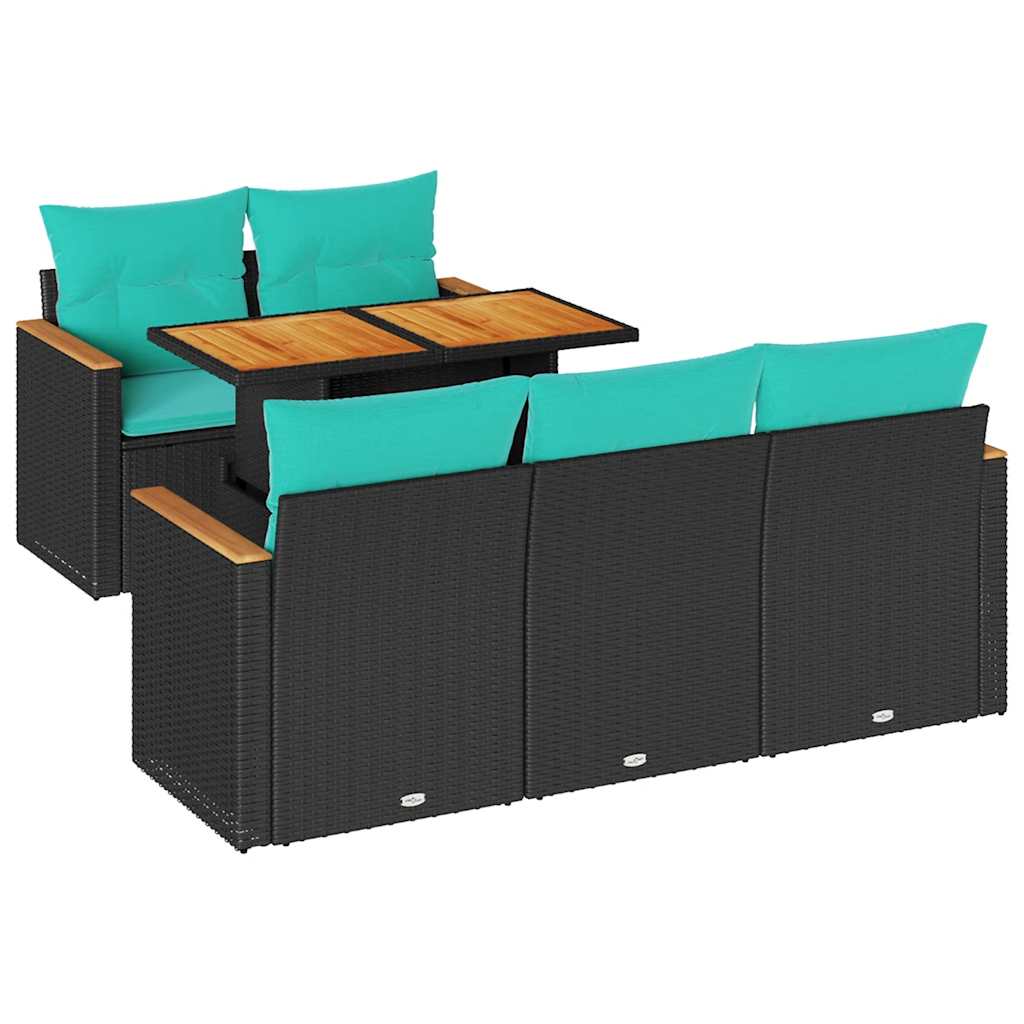 Salon de jardin 6 pcs avec coussins noir résine tressée