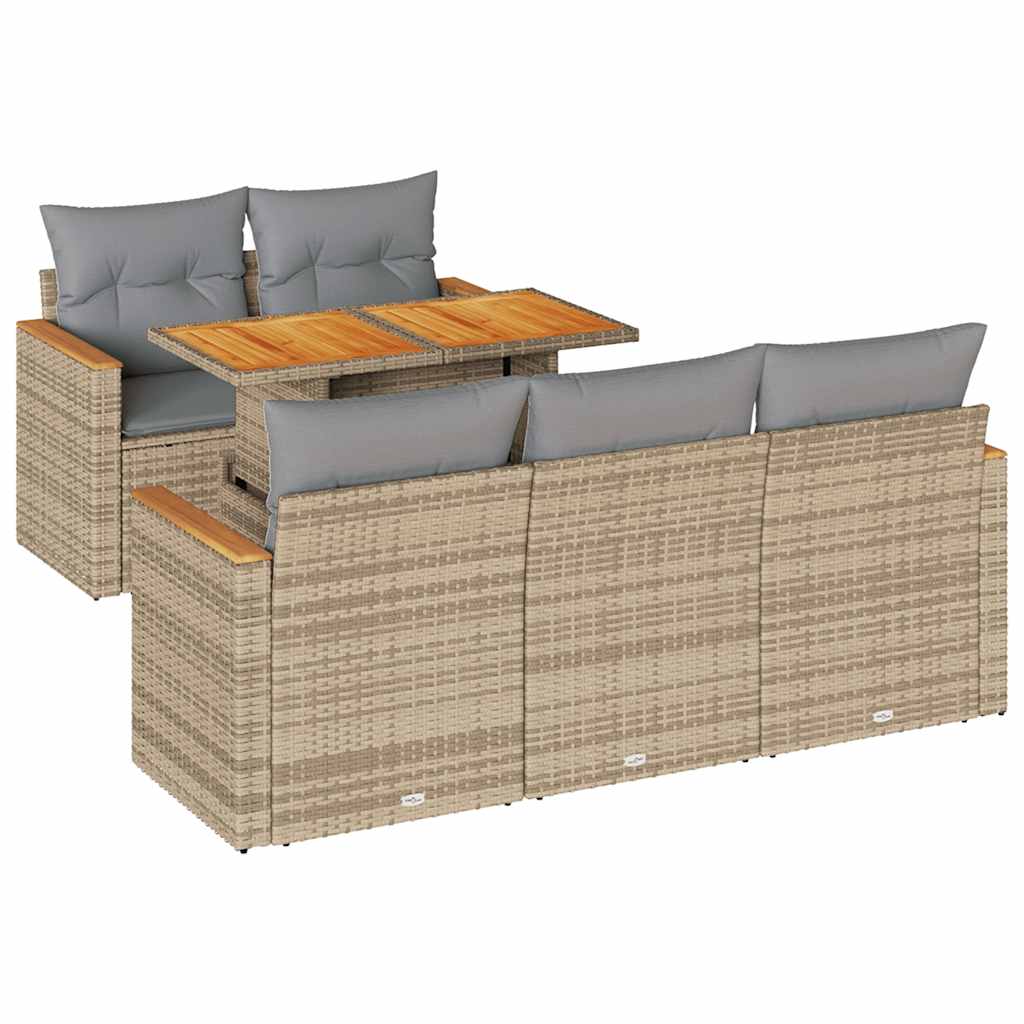 Salon de jardin 6 pcs avec coussins beige résine tressée acacia
