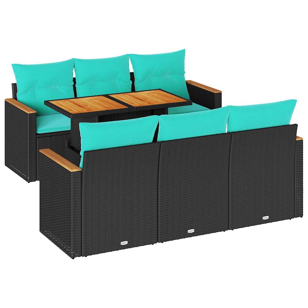 Salon de jardin 7 pcs avec coussins noir résine tressée