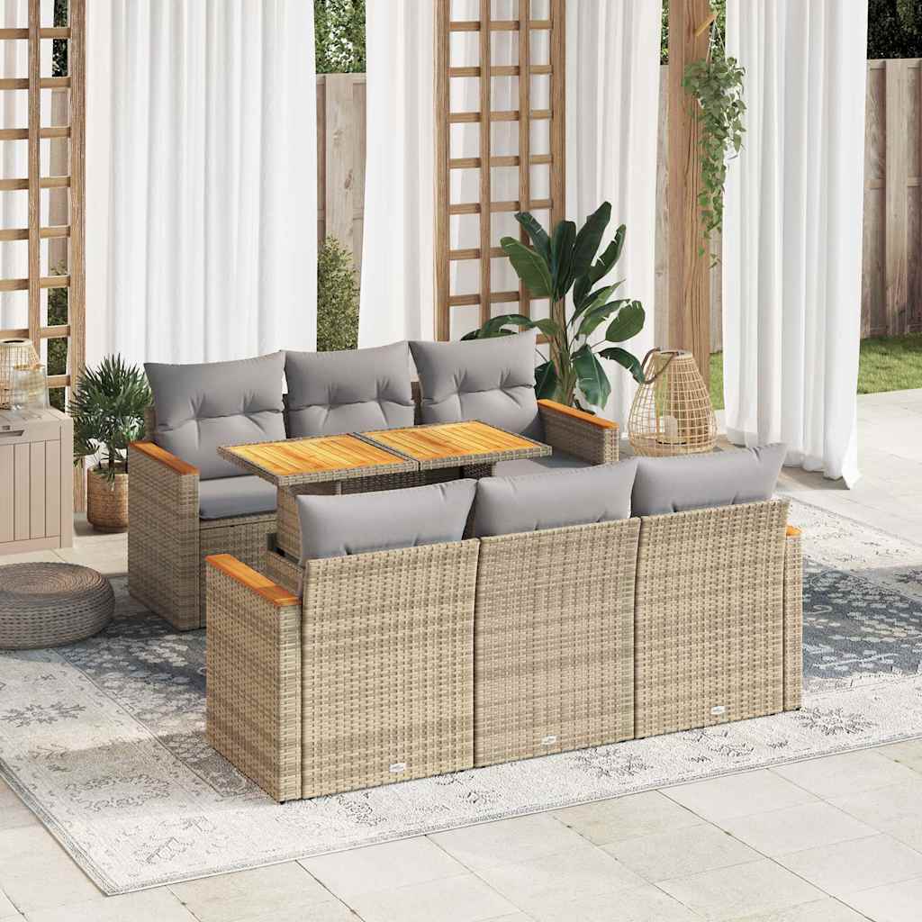 Salon de jardin avec coussins 7 pcs beige résine tressée acacia