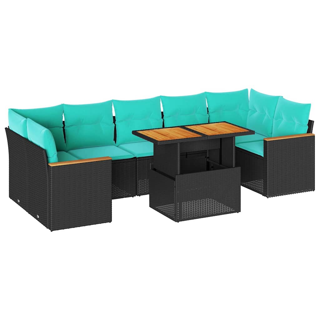 Salon de jardin 8 pcs avec coussins noir résine tressée