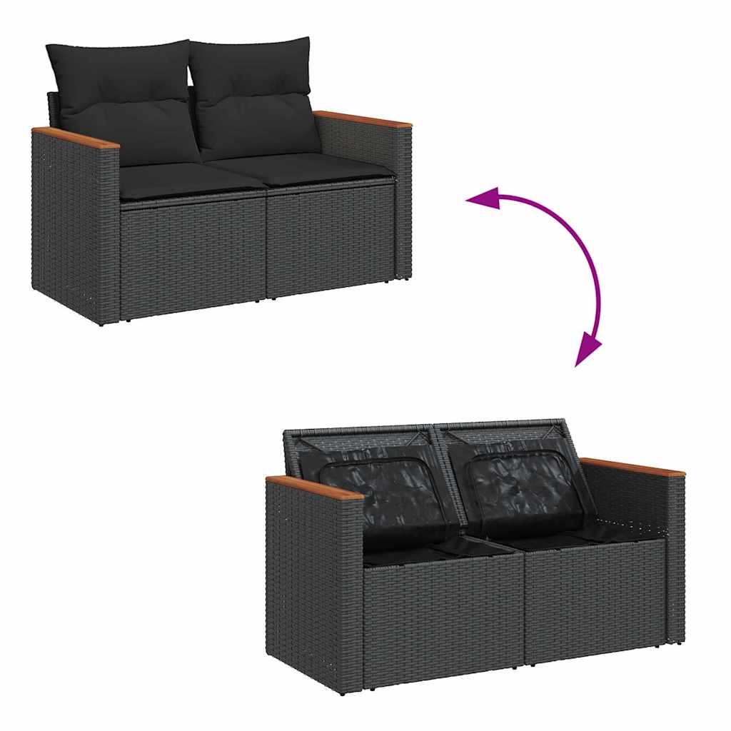 Salon de jardin avec coussins 9 pcs noir résine tressée acacia