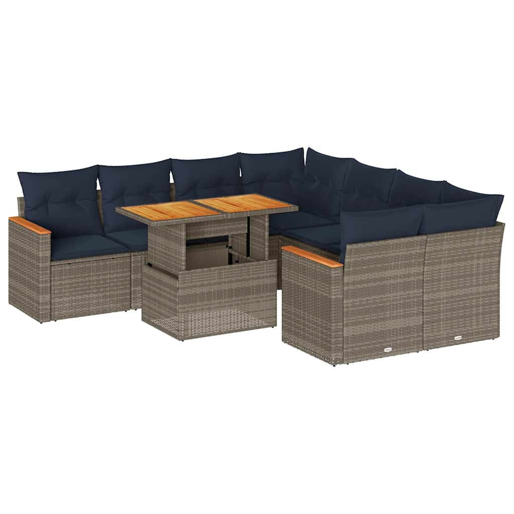 Salon de jardin 9 pcs avec coussins gris résine tressée