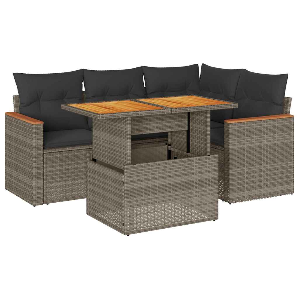 Salon de jardin 5 pcs avec coussins gris résine tressée acacia