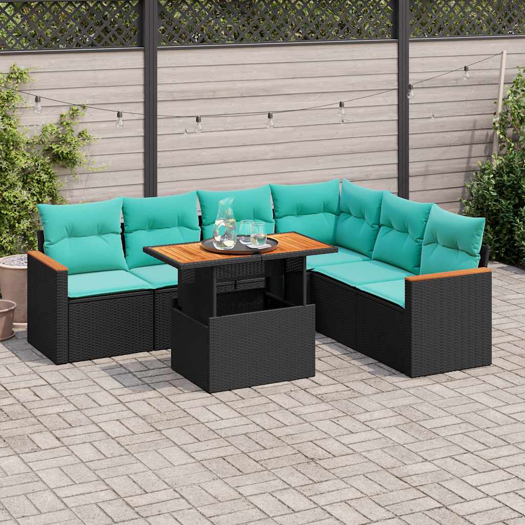 Salon de jardin 7 pcs avec coussins noir résine tressée